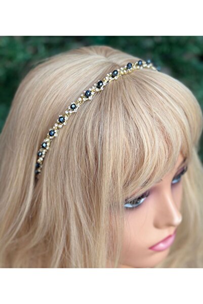 QUEEN AKSESUAR تصميم فاخر مستورد ذهبي معدني كريستال حجر زهرة الأقحوان عزر تاج مدخن أزرق داكن للنساء