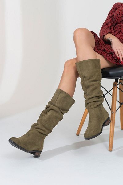 ÜNAL ÖZER Green Suede Γυναικείες μπότες καθημερινά με φυσούνα Un001-0144