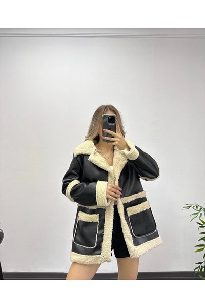 Ekim Store Palton din piele neagră cu buzunar mare cu blană în interior