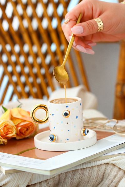 SİNEM YAMAN HOME Evil Eye Bead Turkish Coffee Cup