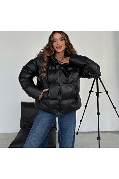 Ekim Store Siyah Kapüşonlu Şişme Deri Mont