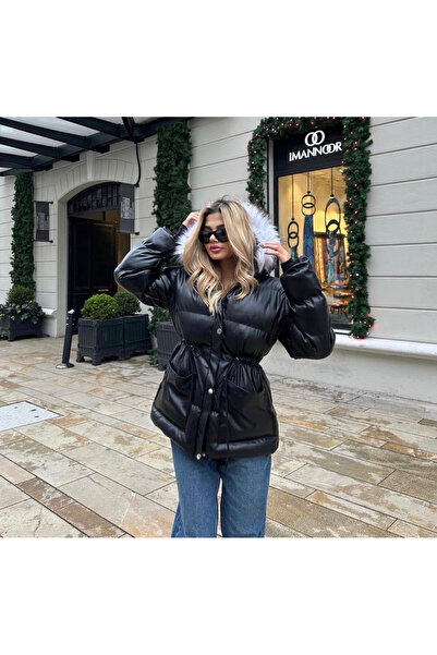 Ekim Store Kapüşonu Kürklü Şişme Deri Mont