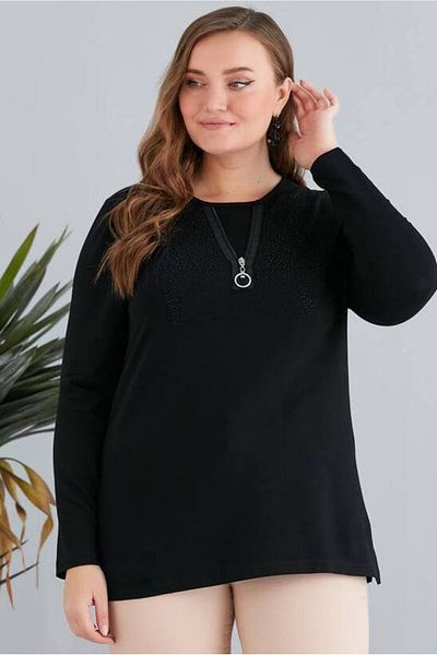 FOR ESRA BIG TREND Women's Plus Size Ornamental Zipper Detail Stone Print Side Slit Flexible Viscose Blouse