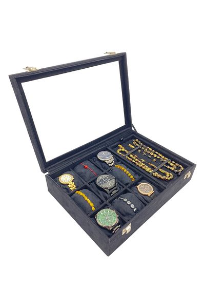 kutuveaksesuar Ρολόι Tasbih Box Γυάλινο Μαύρο Suede Alkantara