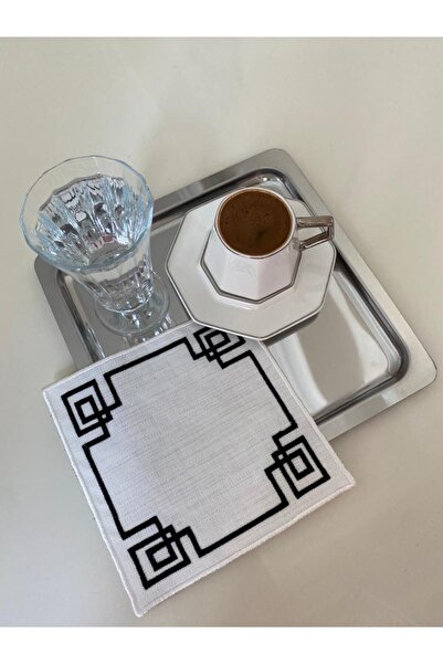 LİNDA MİA Geometrik Nakışlı Beyaz Kokteyl Peçete Tekli