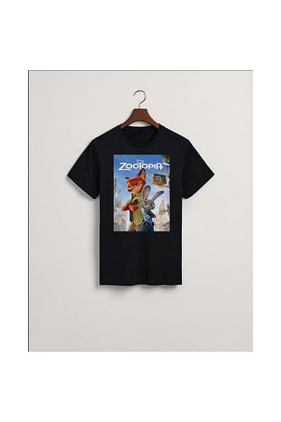 MarkaTurko Tricou unisex din bumbac pieptănat cu design special negru imprimat Zootopia 405-83