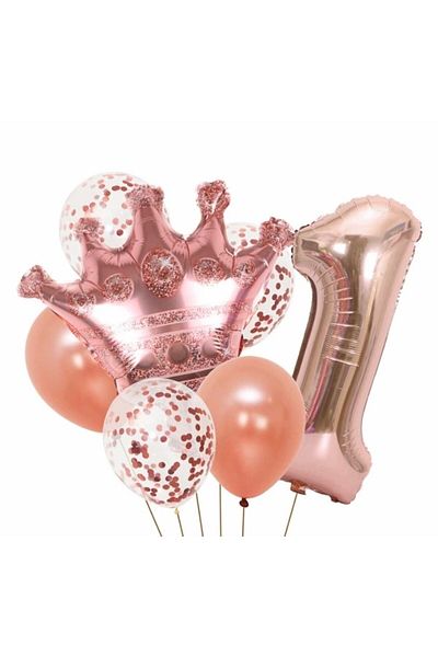Deniz Party Store Σετ μπαλόνι Queen Princess Crown Rose Gold 1 έτους