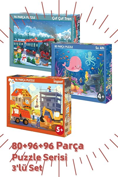 Bonkido 80-96-96 Parça Puzzle 3'lü Set Su Altı - Çufçuf Tren – Inşaat