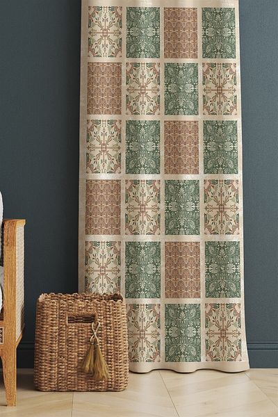 ERİZA Kids Children's & Baby's Room Curtain Motif Patchwork Patterned Background Curtain, Blackout Curtain Brown