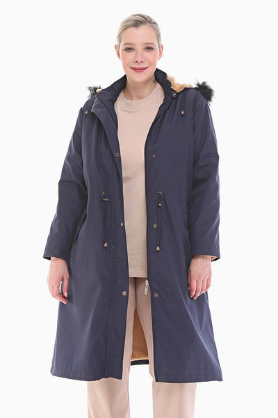VETRE Women's Large Size Fur Lined Navy Blue Long Coat 1047