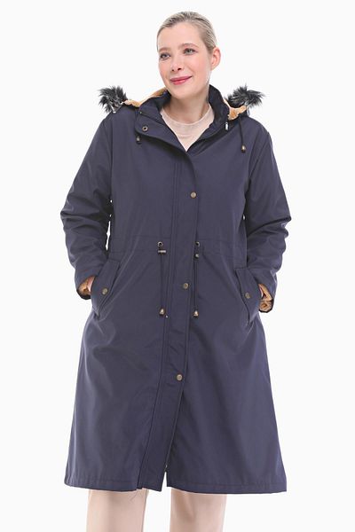 VETRE Women's Large Size Fur Lined Navy Blue Long Coat 1047