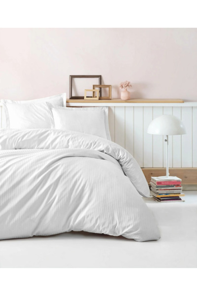 Cotton Box طقم غطاء لحاف مزدوج أنيق من الساتان باللون الأبيض