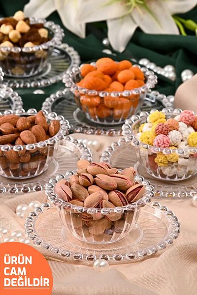KARADAĞ HOME 12 Piece Beaded Snack Bowl Set Acrylic Transparent Breakfast Bowl, Turkish Delight Bowl, Presentation Bowl Plate