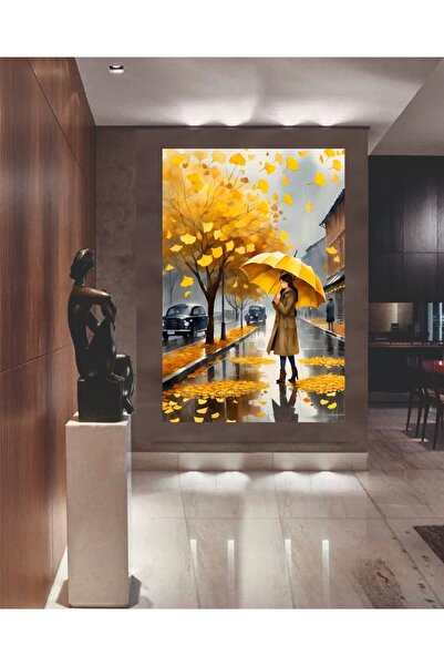 HDART Soyut Sonbahar Sarı yapraklı Ağaç Şemsiyeli Kadın Dekoratif Kanvas Tabl...