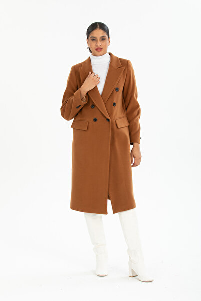 Pitti Women's Tan Men's Collar Midi Size Black Buttoned Lined Coat 70615