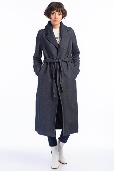 Pitti Women's Herringbone Navy Blue Patterned Coat 70488