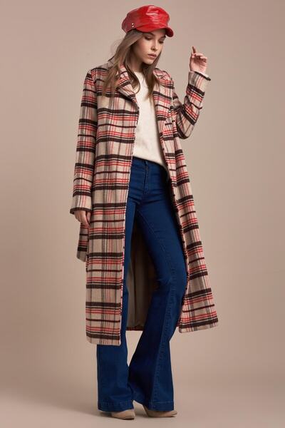 Pitti Women's Beige Brown Red Plaid Coat 70488-P