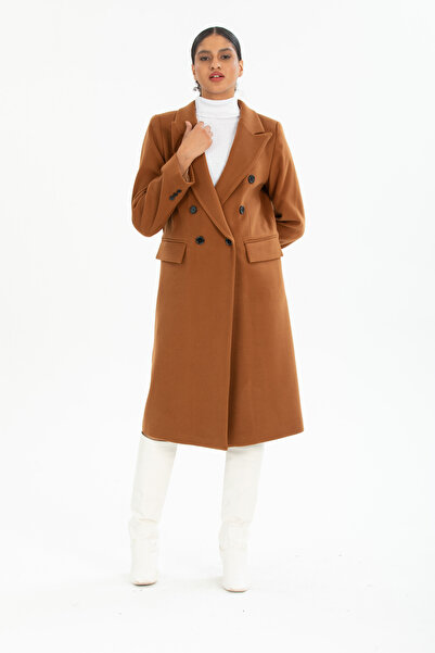 Pitti Women's Tan Men's Collar Midi Size Black Buttoned Lined Coat 70615