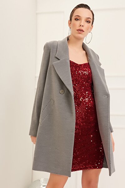 Pitti Women's Gray Oversize Buttoned Short Coat 70492