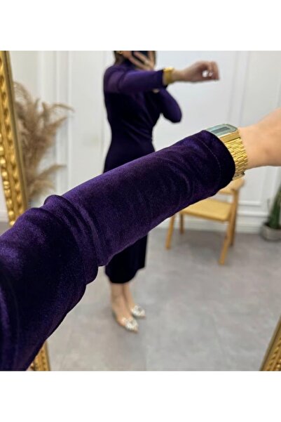 leilas Women's Purple Color Slit Back Draped Midi Length Long Sleeve Chiffon Velvet Dress