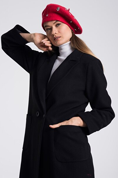 Pitti Women's Black Stamped Buttoned Coat 70581