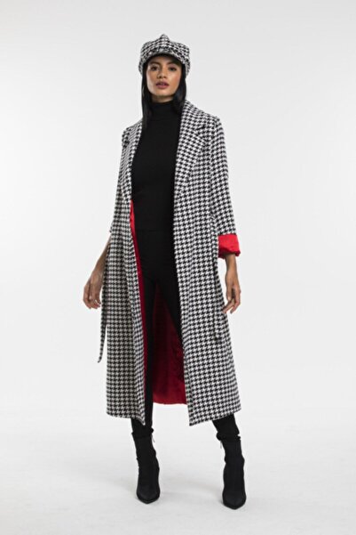 Pitti Women's Black Houndstooth Satin Lined Long Coat 70551 A