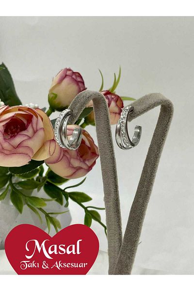 stainless steell 2-Piece Zircon Cubic Zirconia Hoop Earrings (Silver)