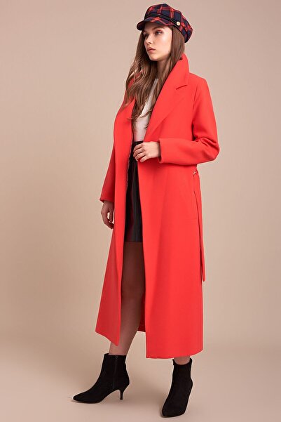 Pitti Women's Coral Men's Collar Long Belted Coat 70426