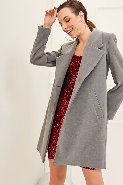 Pitti Women's Gray Oversize Buttoned Short Coat 70492