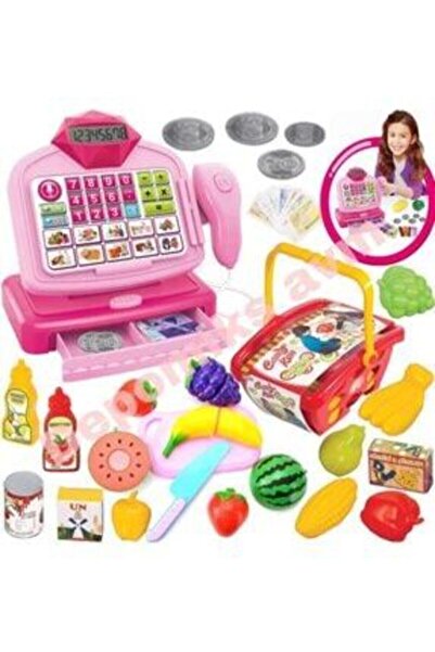 Depomiks Avm Oyuncak Pembe Yazar Kasa Pilli Sesli Barkod Okuyuculu + Market Sepeti + Kesilebilen Meyve Sebze Set