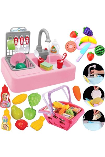 Toy Kitchen Sink Set with Fountain + Grocery Basket with Accessories + Plates + Cuttable Fruit Set