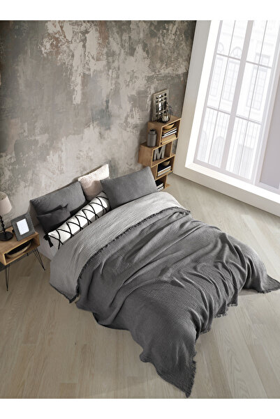 destinyhometex Anthracite Colored Double Fringed 240x250cm Bedspread/2 Pieces 50x70cm Pillow 4 Layers 100% Cotton