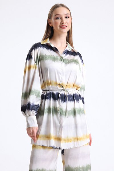 MD trend Women's Color Blocked Belted Wide Leg Trousers and Balloon Sleeve Tunic Bottom-Top Satin Set