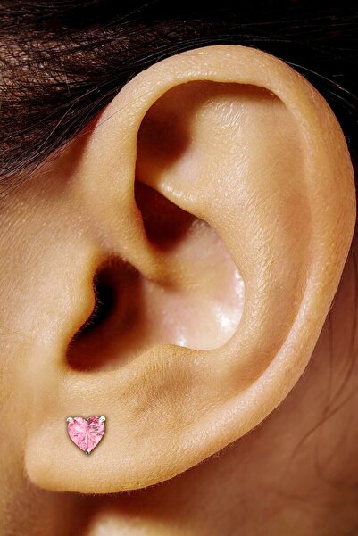 Jewelry For Light ,925 Ayar Gümüş,7mm, Pink, Kalp Kesim (HEART CUT), Tektaş Zirkon, Pimli Küpe
