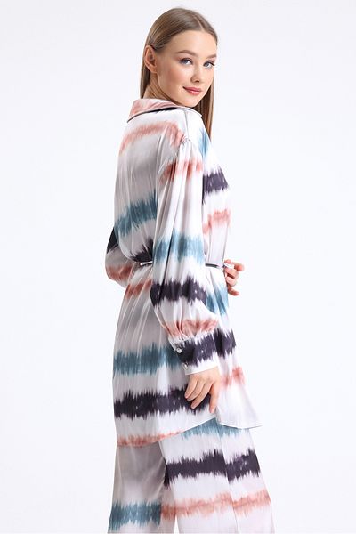 MD trend Women's Color Blocked Belted Wide Leg Trousers and Balloon Sleeve Tunic Bottom-Top Satin Set