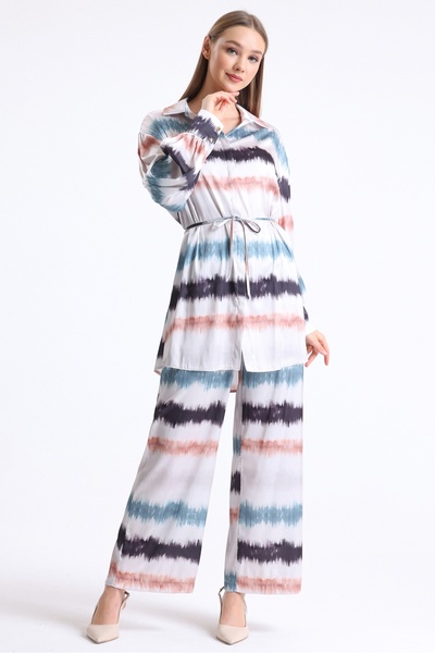 MD trend Women's Color Blocked Belted Wide Leg Trousers and Balloon Sleeve Tunic Bottom-Top Satin Set