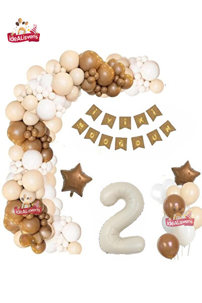 Bkmc Set de aniversare Concept alb maro cu banner Kraft crem de 2 ani