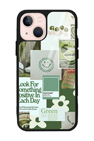 Spoyi iPhone 13 Green Sticker Tasarımlı Glossy Telefon Kılıfı