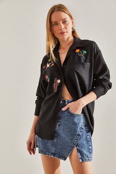 Bianco Lucci Women's Embroidered Linen Shirt