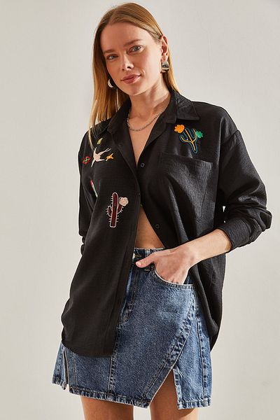 Bianco Lucci Women's Embroidered Linen Shirt