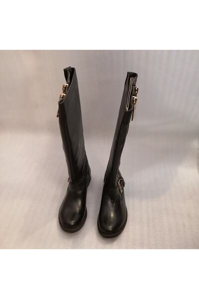 Butik Tülin Kadın Hakiki Deri Siyah Çift Fermuarlı Bantlı Altın Tokalı Kauçuk...