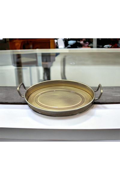 LUCKYHOMES Oval Stick Print Spiral Handle Decorative Tray Gold 22X31