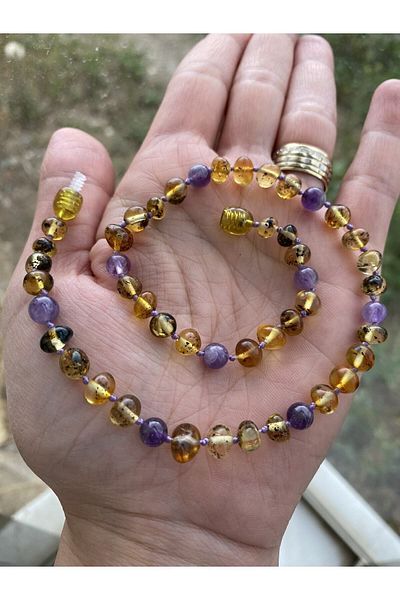 KEHRİBAREVİ KARAMAN Damla Amber and Amethyst Combination Baby Teeth Necklace Original Certified