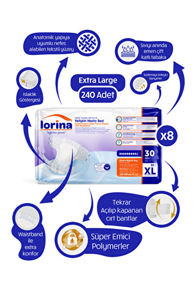 LORİNA Tekstil Yüzeyli Bel Bantlı Yetişkin Hasta Bezi Xlarge 30'lu 8 Paket 24...