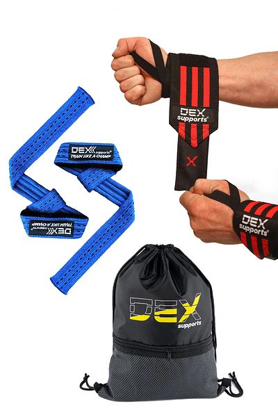 Dex Supports Lasting Energy Fitness Sports Wristbands Wrist Wraps+Halter Strap Pro Lifting Straps+Sackpack 3 Pack