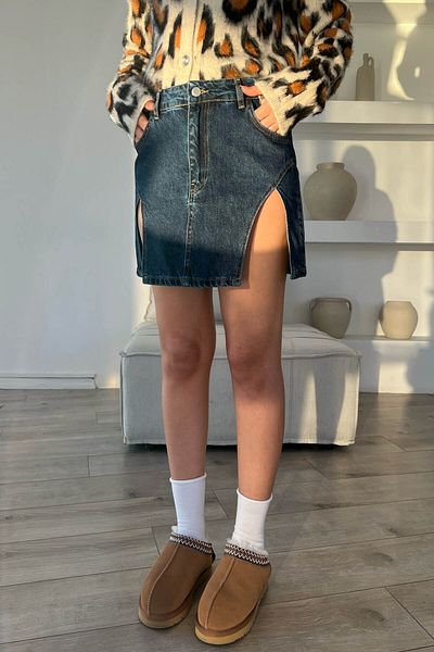 Seda Yalçın Atelier Fusta albastră din denim cu design cu două fante în față