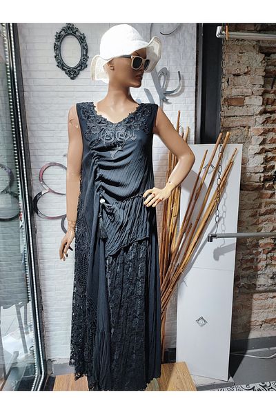Sosyete Kaplumbağa Authentic Voile Cotton Strap Long Black Dress
