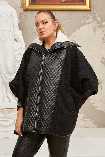 RMG Plus Size Black Poncho Coat with Boucle and Leather Garnish