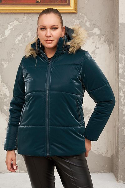 RMG Hooded Shiny Fabric Large Size Petrol Puffer Jacket