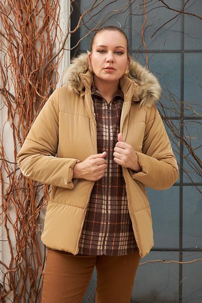 RMG Hooded Shiny Fabric Plus Size Camel Puffer Coat